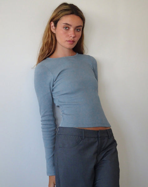 Image of Gelbon Open Back Long Sleeve Top in Rib Powder Blue