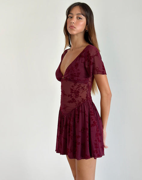 Image of Geni Mini Dress in Botanical Flower Maroon