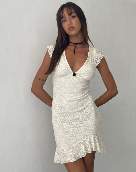 Image of Ginevra Frill Hem Mini Dress in Rose Lace Ivory