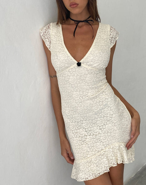 Image of Ginevra Frill Hem Mini Dress in Rose Lace Ivory