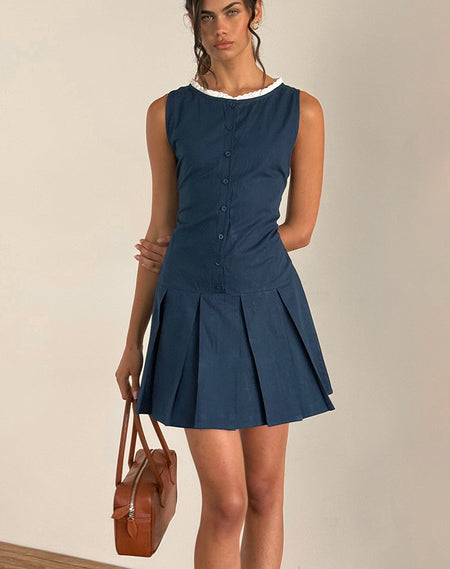 Asterin Mini Smock Dress in Navy Mustard Check