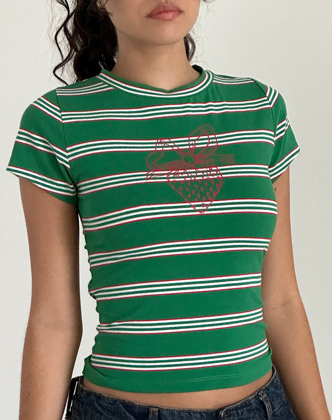 image of Glenda Jersey Tee in Green and White Strip with Strawberry Motif