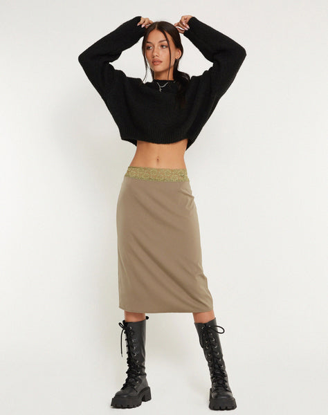 image of Golda Midi Skirt in Satin Avocado