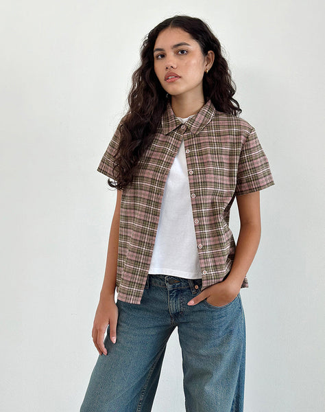 Image of Gosanri Short Sleeve Shirt in Pink and Green Check