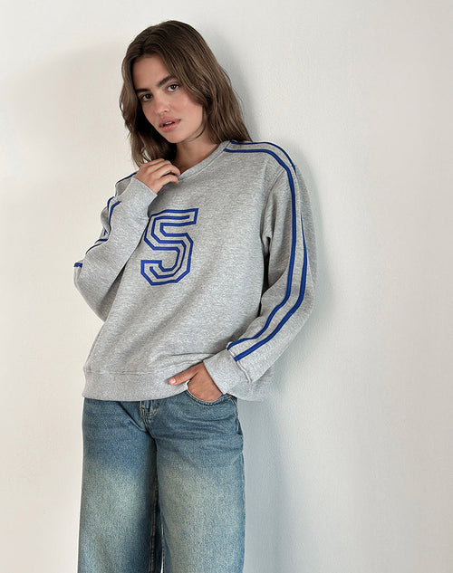 Image of Govel Sweatshirt in Grey Marl with Cobalt Blue 5 Motif