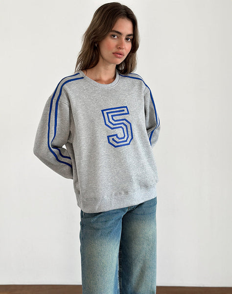 Image of Govel Sweatshirt in Grey Marl with Cobalt Blue 5 Motif