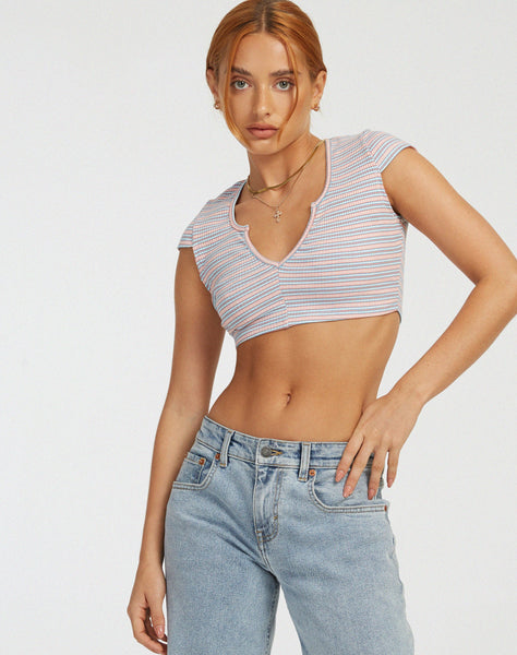 image of Guanna Crop Top in Stripe Rib Blue and Peach