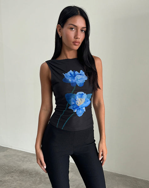 Image of Hala Top in Black with Blue Watercolour Flower