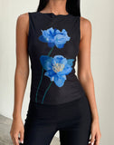 Image of Hala Top in Black with Blue Watercolour Flower