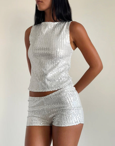 image of Hala Top in Silver Chrome Drape Mini Sequin