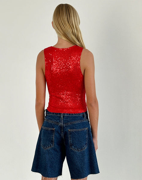 Image of Hala Vest Top in Red Drape Mini Sequin