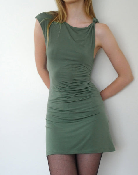 Image of Hape Twist Shoulder Mini Dress in Smooth Slinky Khaki