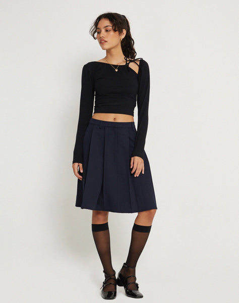 Image of Colette Pleated Knee Length Skirt in Navy