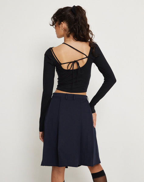 Image of Colette Pleated Knee Length Skirt in Navy