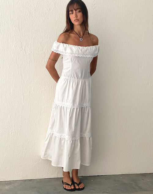 Image of Helpa Tiered Bardot Maxi Dress in White