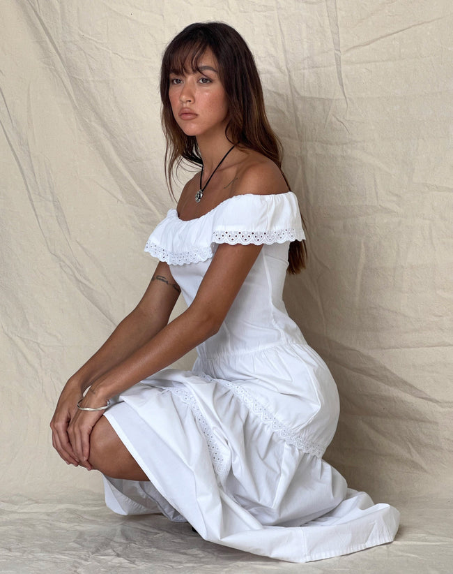 Image of Helpa Tiered Bardot Maxi Dress in White