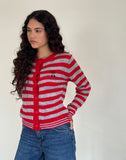 Image of Henidar Cardigan in Red and Grey Stripe with Cherry Emb