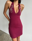 Image of Hepzhi Mini Dress in Burgundy With Floral Embroidery