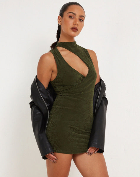 image of Hertika Mini Dress in Mixed Animal Flock Khaki