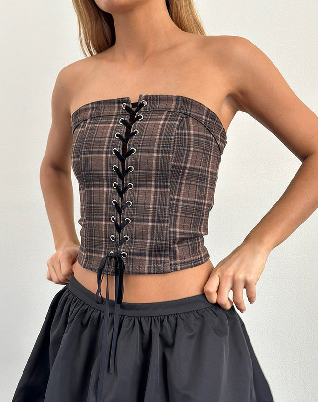 Image of Heska Lace Front Corset Top in Brown Check