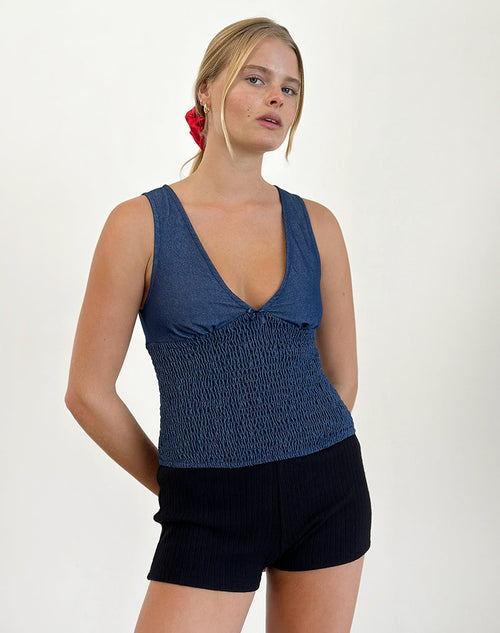 image of Hevalis Shirred Top in Indigo Denim Chambray