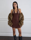 Image of Hepzhi Mini Dress in Bitter Chocolate with Floral Embroidery