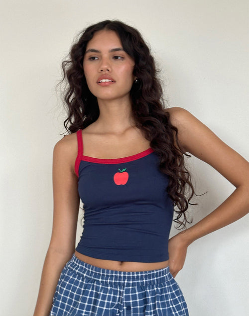 Image of Icah Vest Top in Navy with Red Binding and Apple Motif