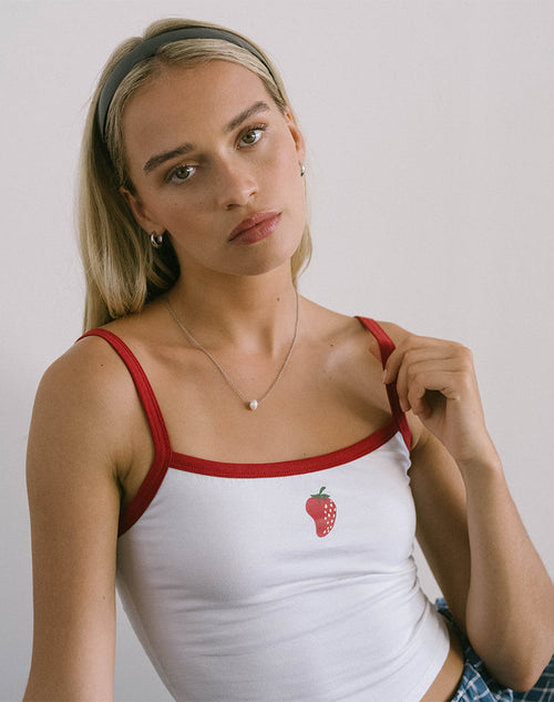 Image of Icah Vest Top in White with Red Binding and Strawberry