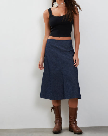 Low Rise Denim Midi Skirt in Light Blue Sand