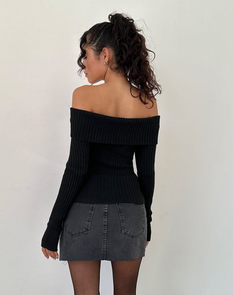 Image of Circe Off-Shoulder Long Sleeve Knit Top in Black