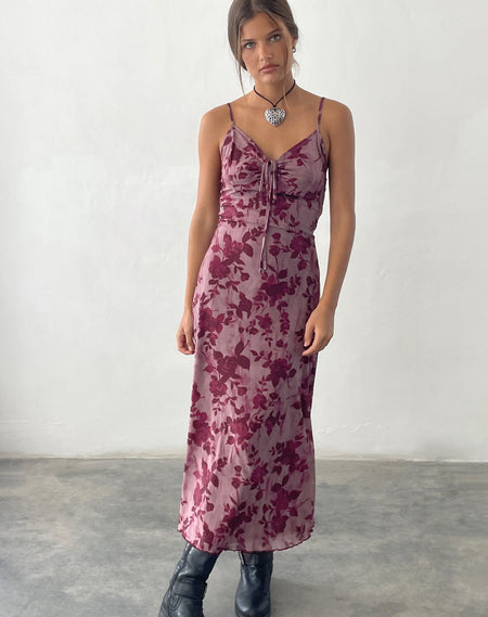 Darsih Cami Maxi Dress Red Grunge Floral Flock