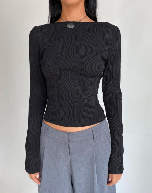 Image of Amabon Long Sleeve Crop Top in Crinkle Black