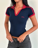 Image of Isda Top in Navy with Adrenaline Red Binding and M Embroidery