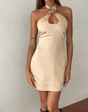 Image of Isolda Satin Halterneck Mini Dress in Champagne with Rosette