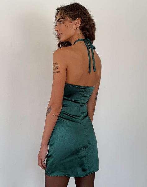 Image of Isolda Satin Halterneck Mini Dress in Forest Green with Rosette