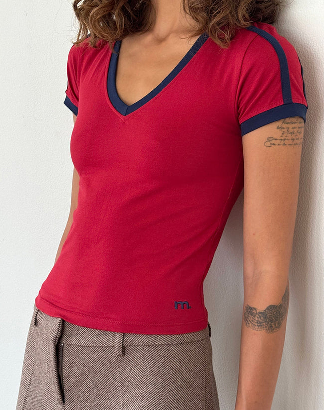 Image of Izolde Baby Tee in Adrenalin Red with Navy Binding and M Embroidery