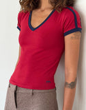 Image of Izolde Baby Tee in Adrenalin Red with Navy Binding and M Embroidery