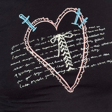 Izzy Lace Trim Tee in Black Lace Up Heart Motif