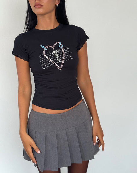 Image of Izzy Lace Trim Tee in Black Lace Up Heart Motif