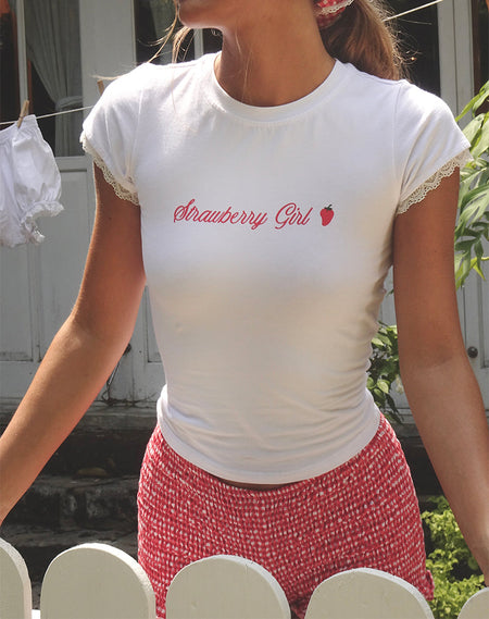 Monsel Tie Front Top in White with Red Gingham Binding