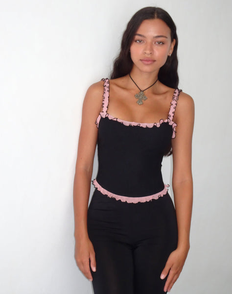 Image of Idalia Corset Top in Black with Pink Mesh Ruffle