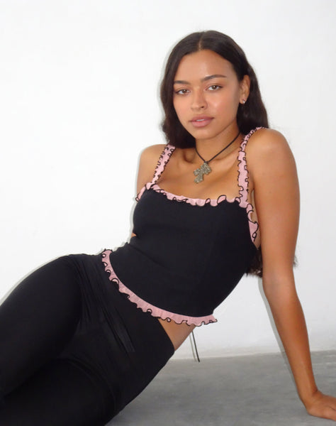 Image of Idalia Corset Top in Black with Pink Mesh Ruffle