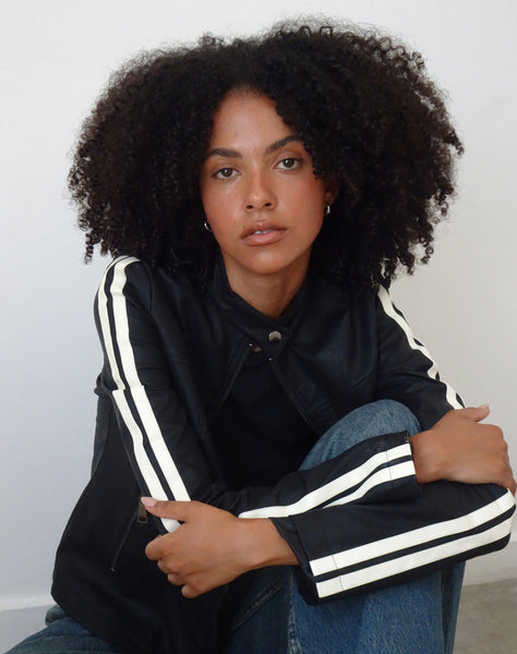 Image of MOTEL X JACQUIE Jacquie Zip Up Biker Jacket in PU Black with White Stripe