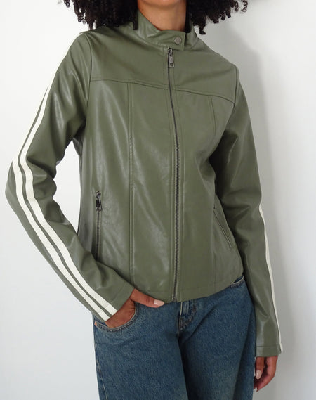 Mildred Distressed Biker Jacket in PU Olive