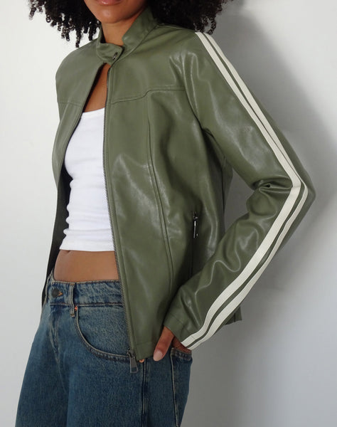 Image of Jacquie Zip Up Biker Jacket in PU Green with Ivory Stripe