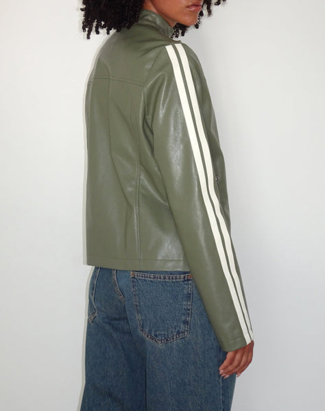 Image of Jacquie Zip Up Biker Jacket in PU Green with Ivory Stripe