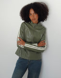 Image of Jacquie Zip Up Biker Jacket in PU Green with Ivory Stripe