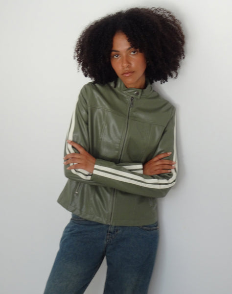 Image of Jacquie Zip Up Biker Jacket in PU Green with Ivory Stripe