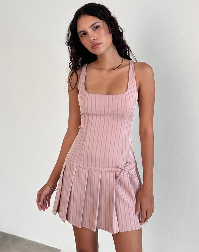 Image of Jadzia Drop Waist Mini Dress in Blush Pinstripe