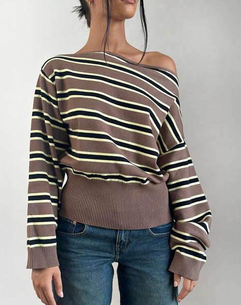 Image of Jalira Asymmetric Cinch Jumper in Stripe Brown and Yellow